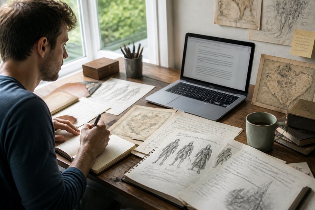 Writer's workspace with fantasy worldbuilding sketches, character notes, and laptop showing AI writing tool with manuscript open in natural daylight