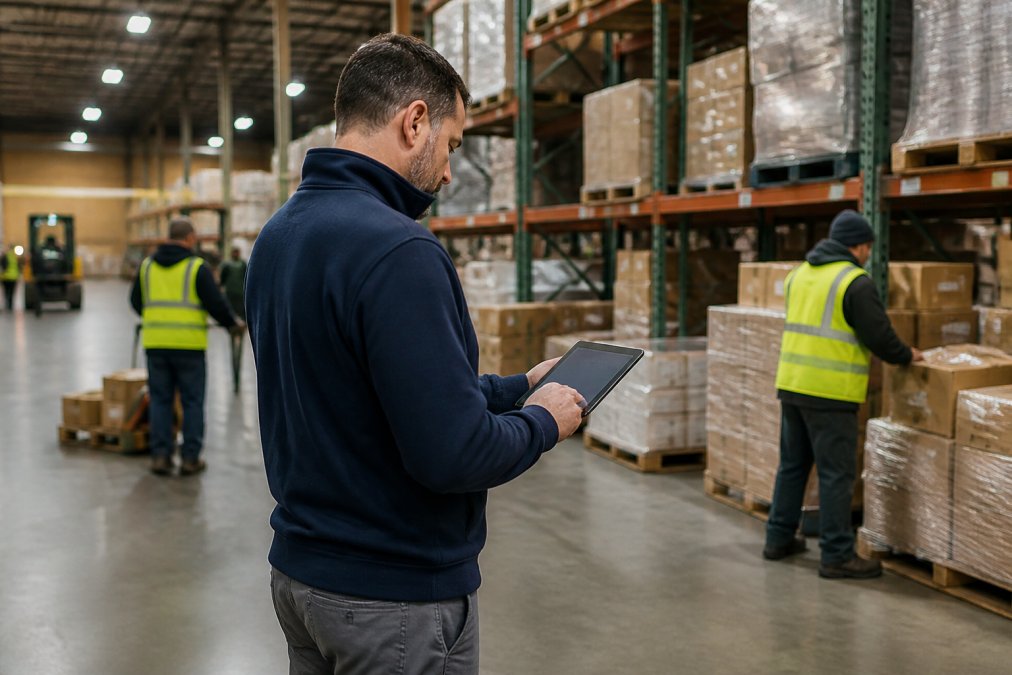 Warehouse manager reviewing real-time inventory data on a tablet while workers organize pallets and move boxes in the background