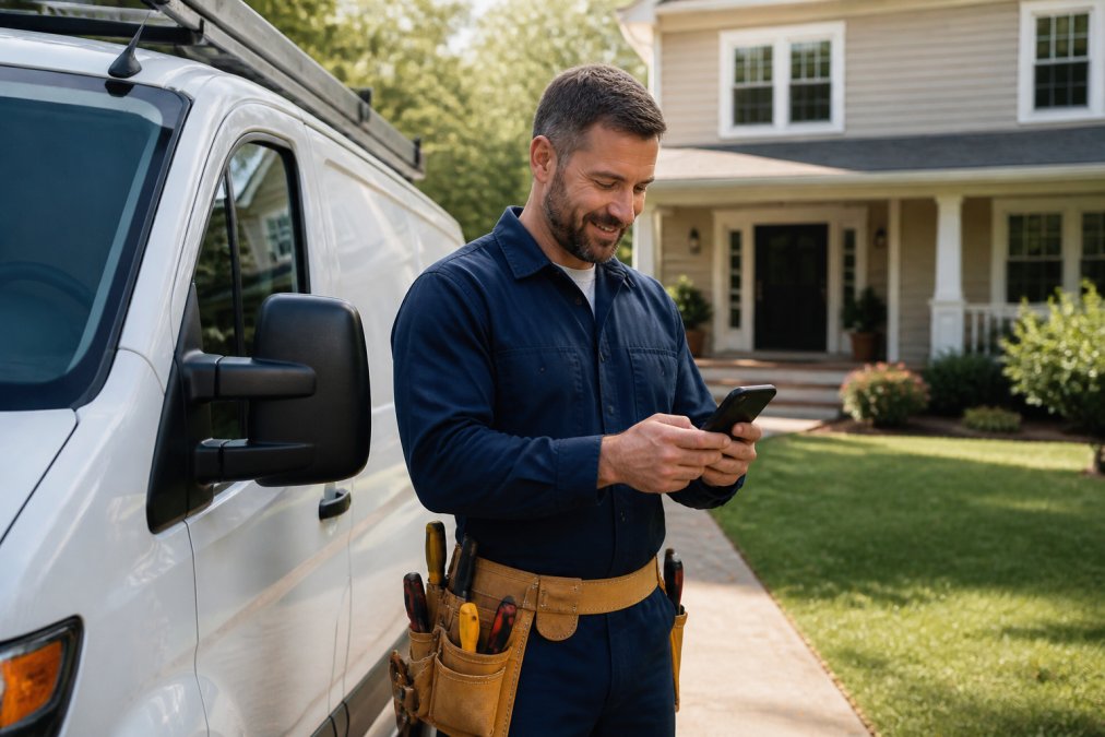 A trades business owner in work clothes checking a smartphone while standing next to a service van in a driveway, with a customer's home in the background