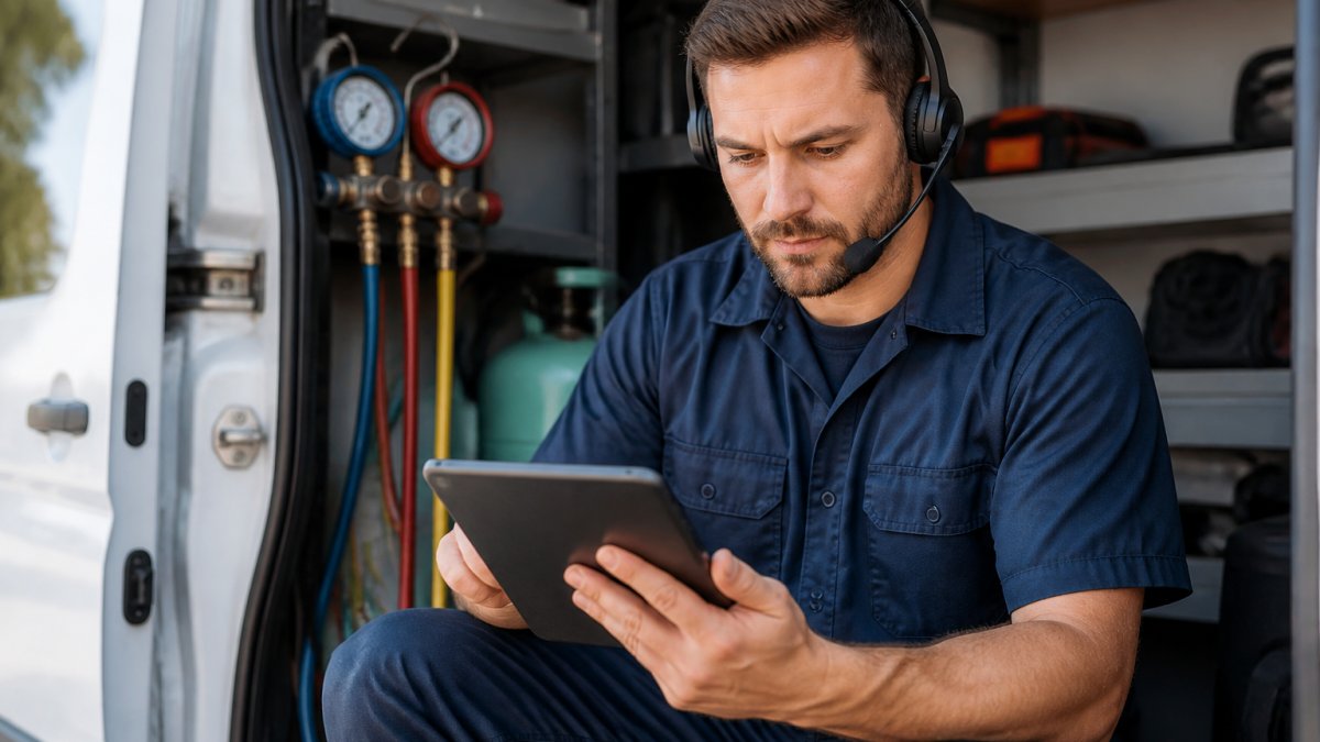 An HVAC technician in a navy uniform reviewing a tablet with a headset on, sitting in a service van with gauges and tools visible in the background