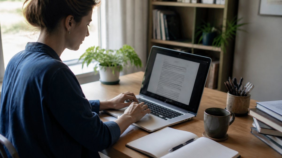 A freelancer working at a tidy home desk, laptop open with a document on screen, notebook and coffee cup beside them, natural window light