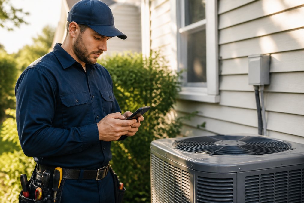 HVAC technician in blue uniform checking a smartphone displaying a scheduling app calendar while standing next to a residential outdoor AC unit in afternoon sunlight