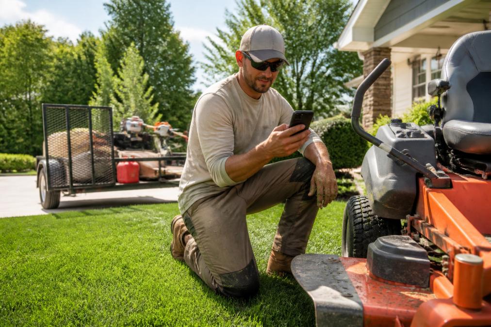 A landscaping crew member in full work gear kneeling beside a riding mower on a residential lawn, checking a smartphone in bright afternoon sunlight, with a trailer loaded with equipment visible in the background