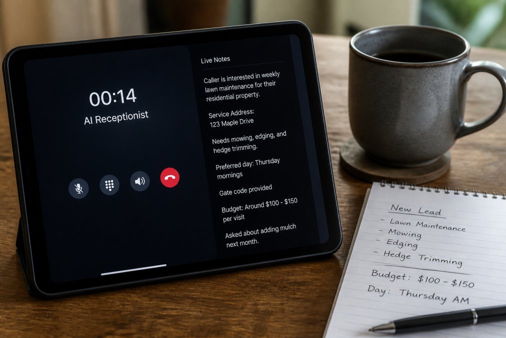 Close-up of a tablet screen showing an active call interface with typed notes appearing in real time, resting on a wooden desk beside a coffee mug and a notepad with handwritten service details, warm indoor lighting