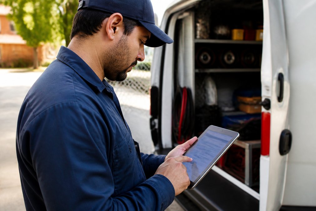 Professional field service technician using mobile scheduling app on tablet at job site with dispatch board visible on screen, natural daylight