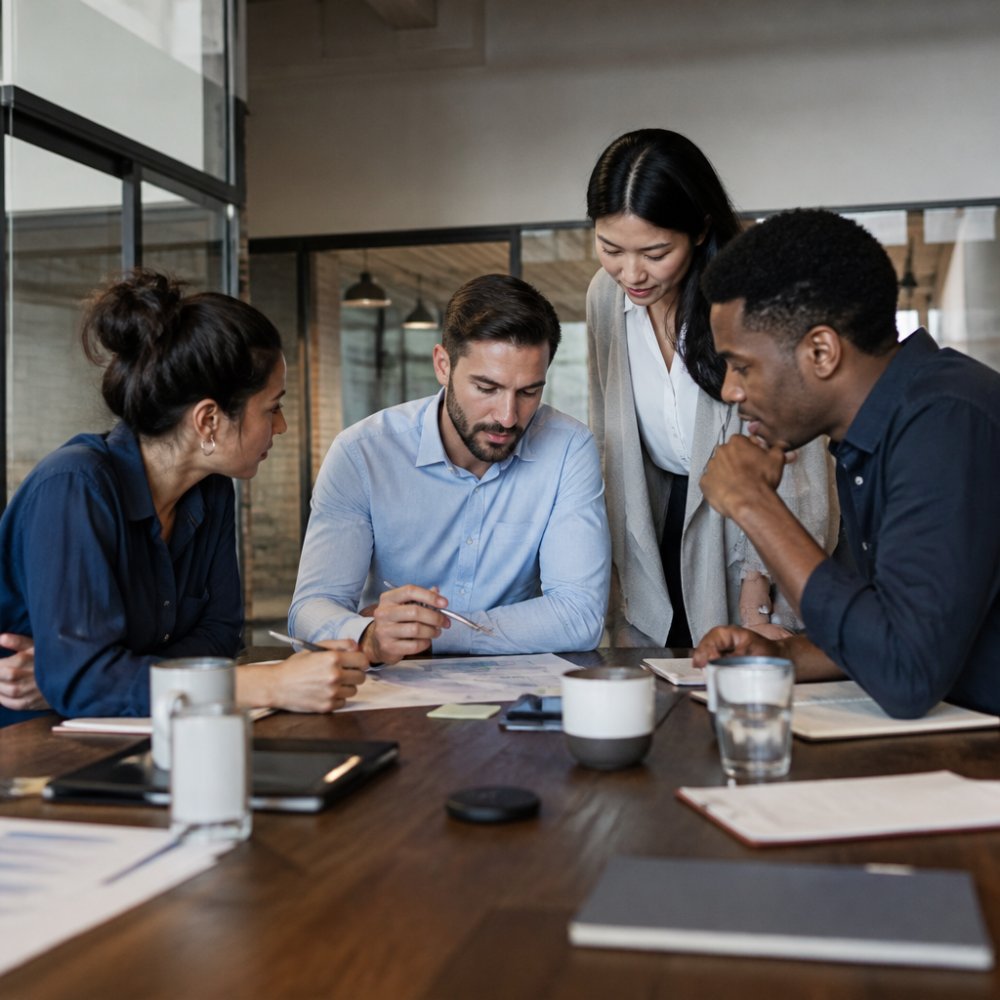 Sales team reviewing performance metrics to evaluate the best AI SDR alternatives in a modern office setting