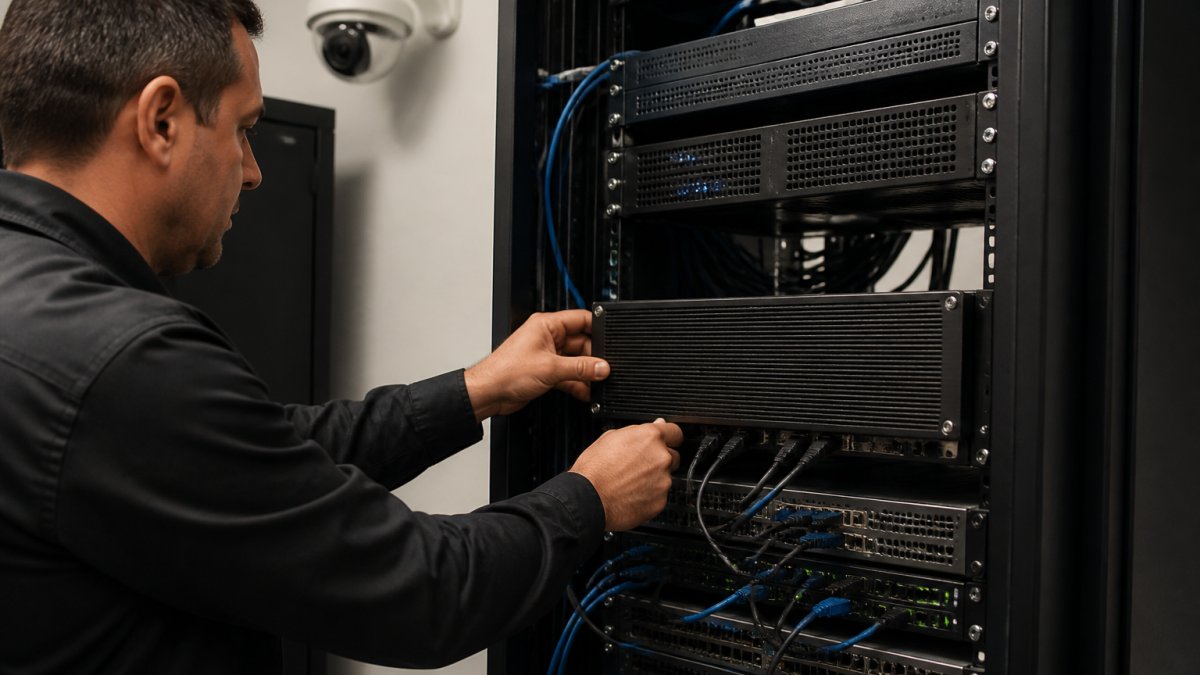 A security integrator in a server room connecting an AI processing unit to an existing rack of IP camera recorders, with multiple camera feeds visible on a nearby monitor