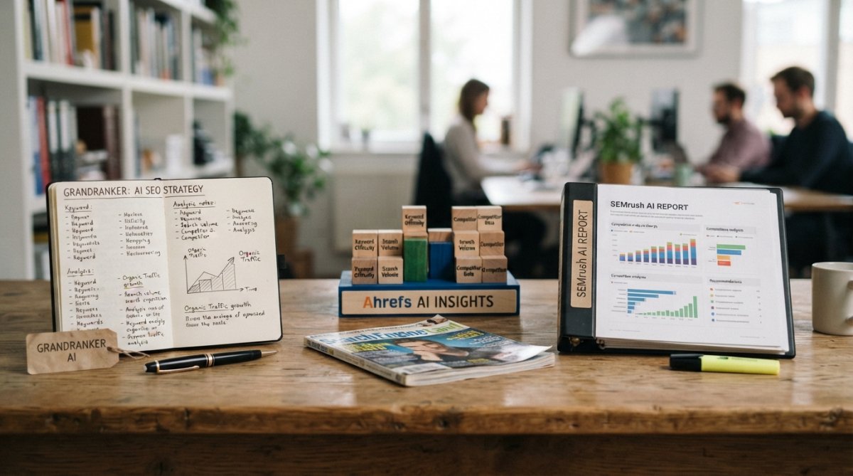 Marketing professional reviewing analytics dashboard on multiple monitors showing keyword rankings, content performance metrics, and AI visibility data in a modern office workspace