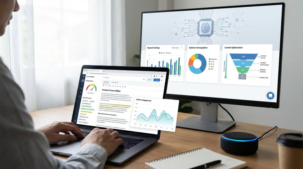 Surfer SEO's content editor interface with real-time optimization suggestions