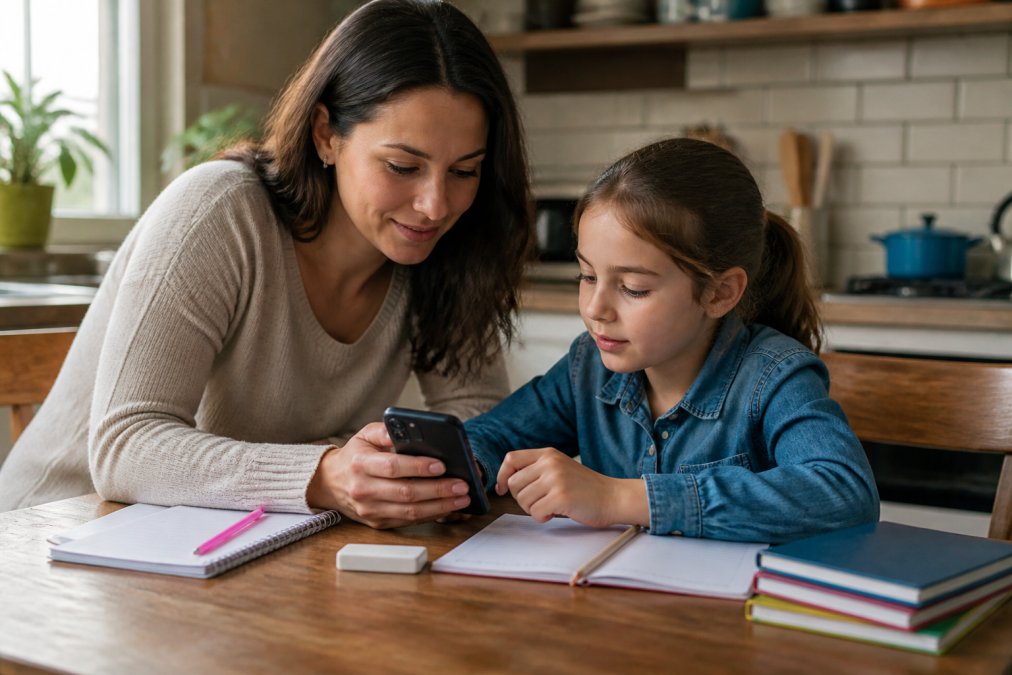 Infographic illustrating a process for using AI study apps to help an elementary student with homework.