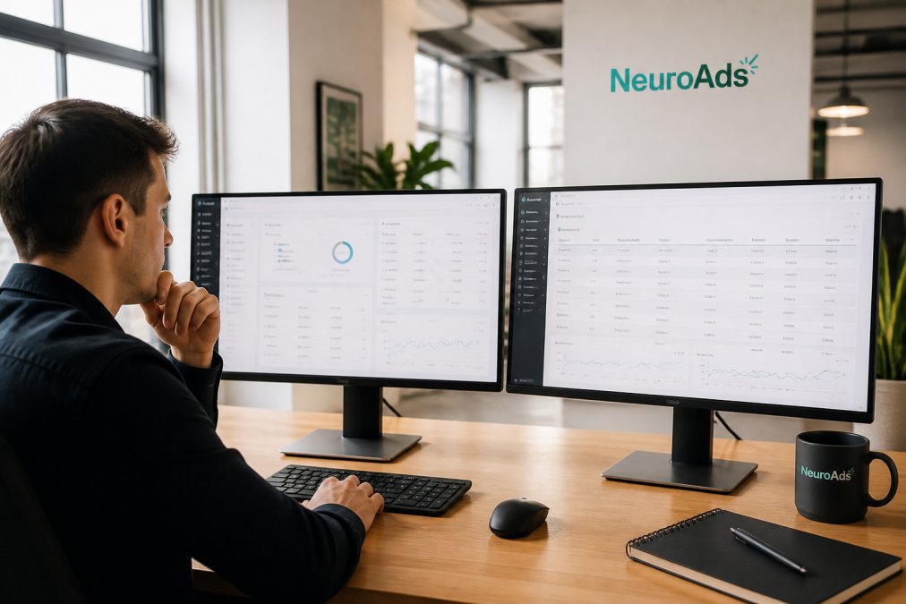 Media manager reviewing ad platform dashboards to find the best ai tool for ads on a dual-monitor office setup.