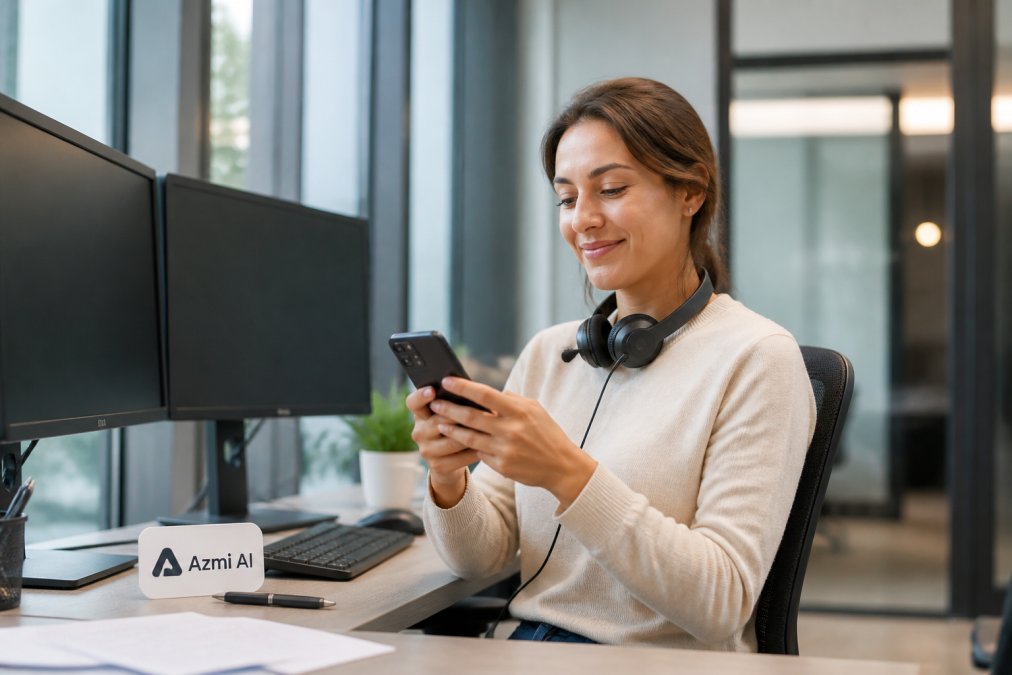 A customer service representative at a desk with two monitors, a headset around their neck, looking relieved while checking a calendar on their phone in a modern office
