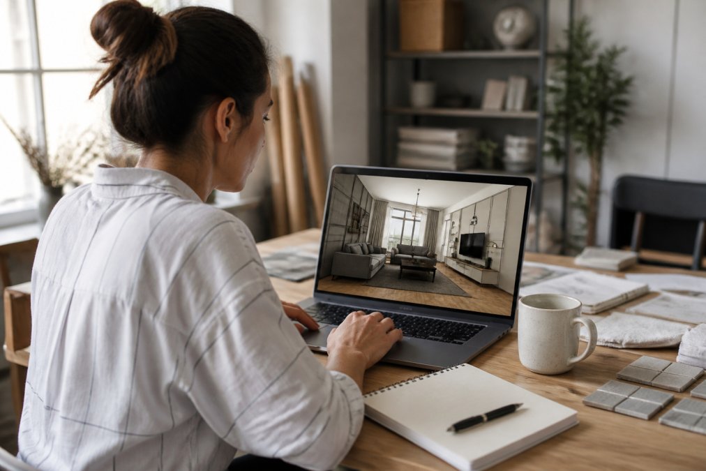 A person sitting at a desk with a laptop, looking at a 3D room rendering on the screen, with a notebook and coffee mug nearby in a bright home office