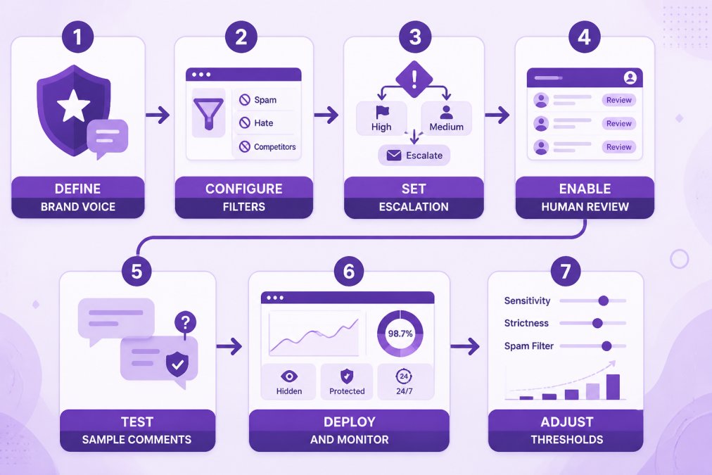 Step-by-step flowchart: Define brand voice and guidelines → Configure keyword filters and blocklists → Set escalation rules → Enable human review queue → Test with sample comments → Deploy and monitor → Adjust thresholds based on false positives