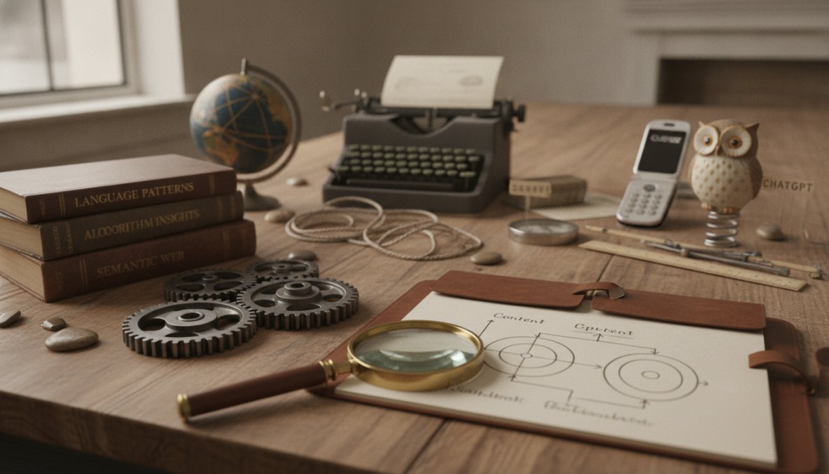 Close-up of hands typing on a laptop with a ChatGPT-style AI chat interface visible on screen, a ceramic coffee cup and open notebook beside the keyboard on a wooden desk