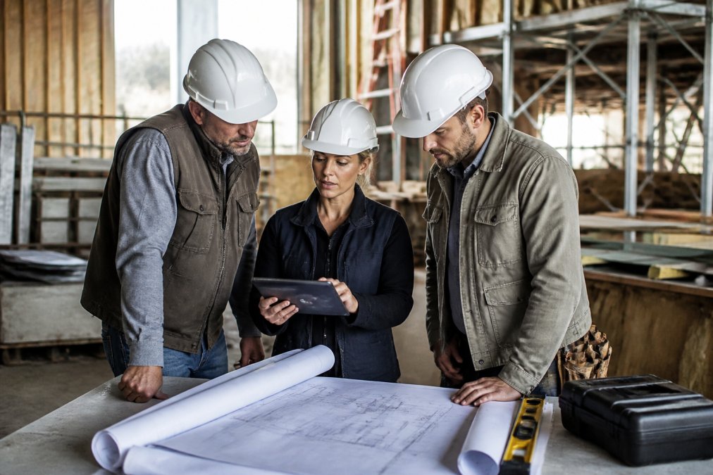 Contractor team in hard hats reviewing a tablet on a job site with blueprints and materials visible in the background