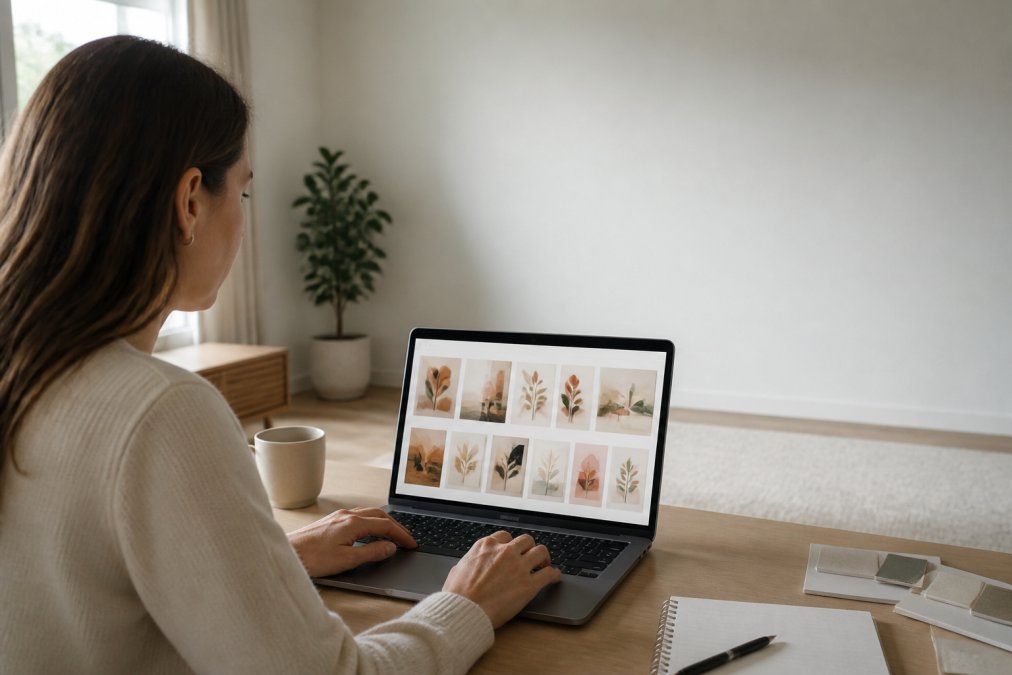 A homeowner sitting at a bright Scandinavian-style desk, using a laptop to browse AI-generated wall art prints on a design platform, with a large blank white wall visible in the background of a sunlit living room