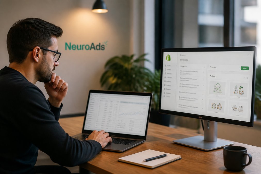 A marketing manager reviewing ad performance metrics on a laptop screen in a modern office, with a Shopify store dashboard visible on a second monitor, warm overhead lighting