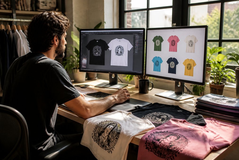 Designer sitting at modern workspace with dual monitors displaying AI-generated t-shirt design mockups in various color options, with printed t-shirt samples on the desk, natural window lighting illuminating the workspace