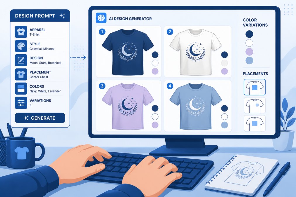 Close-up of hands typing detailed design prompts on a keyboard with multiple AI-generated apparel mockups displayed on a high-resolution monitor showing different color variations and placements