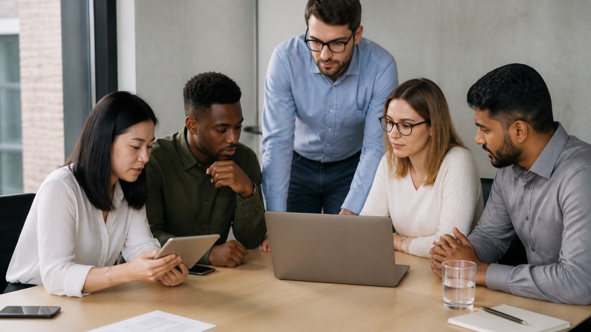 Diverse team of professionals gathered around a conference table reviewing project timelines and task assignments on laptops and tablets, natural office lighting