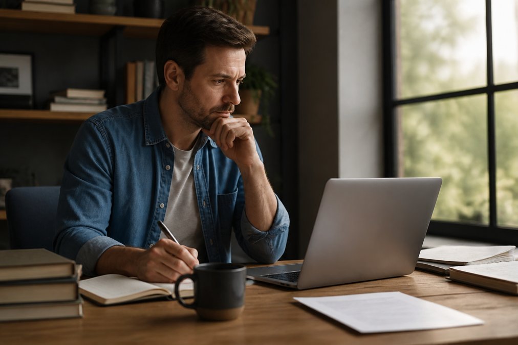 Writer at wooden desk with laptop, coffee cup, and notebook, looking thoughtfully at the screen while editing text with natural window lighting