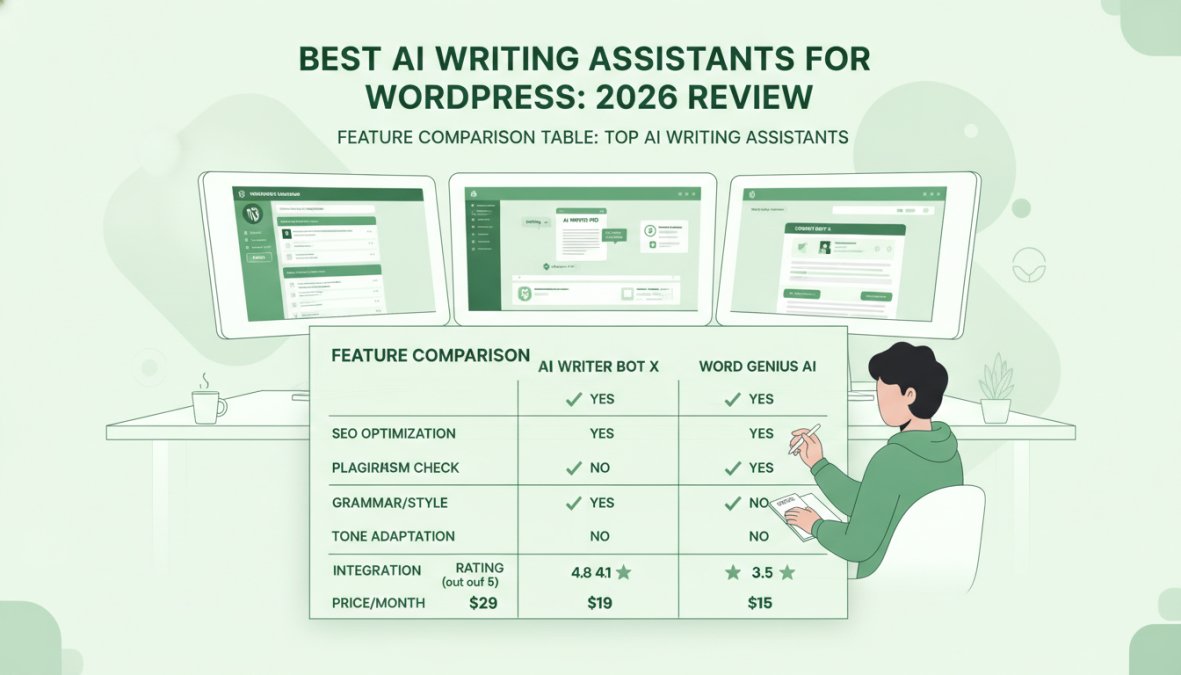 Content creator sitting at desk with multiple monitors displaying different AI writing tools and WordPress dashboard, comparing features while taking notes