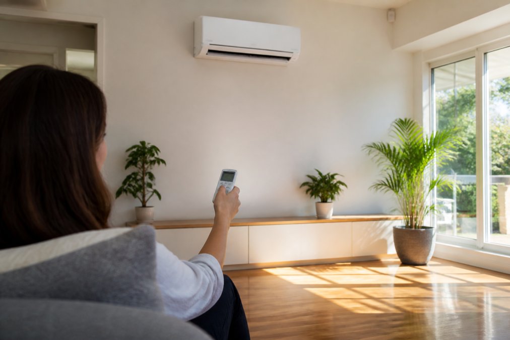 Homeowner adjusting a wall-mounted air conditioner remote control in a bright living room, afternoon sunlight streaming through windows onto timber floors