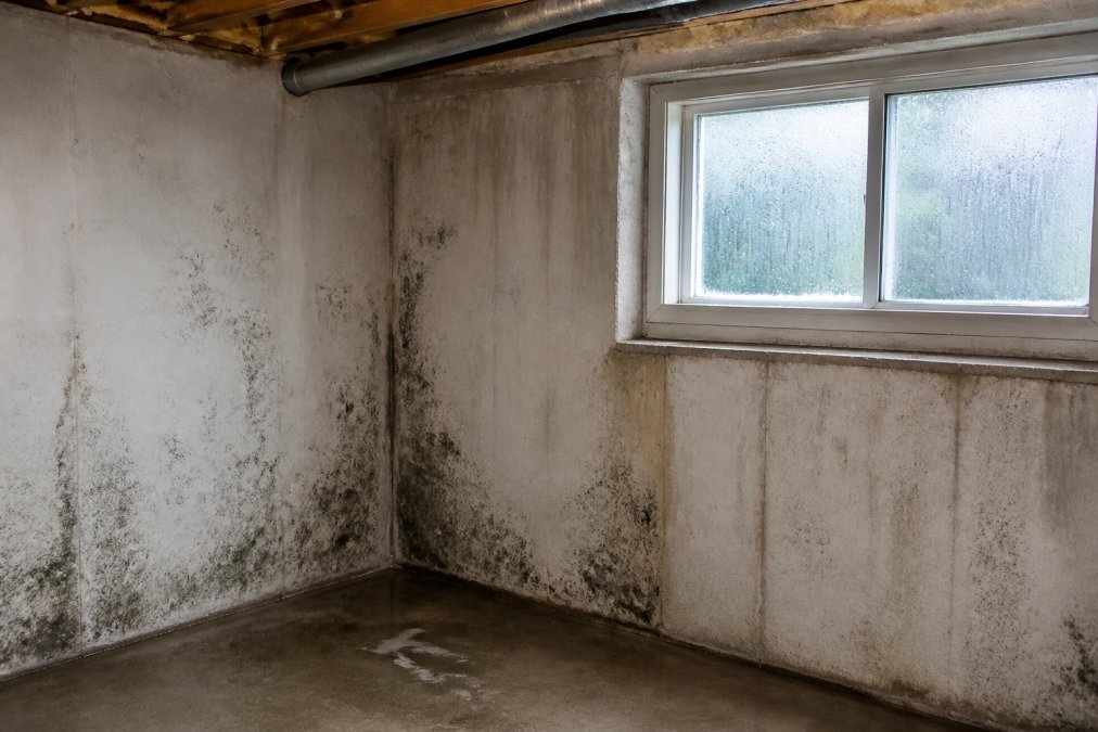 Basement corner showing visible moisture on walls and condensation on window pane, with early mold growth visible in dim basement lighting