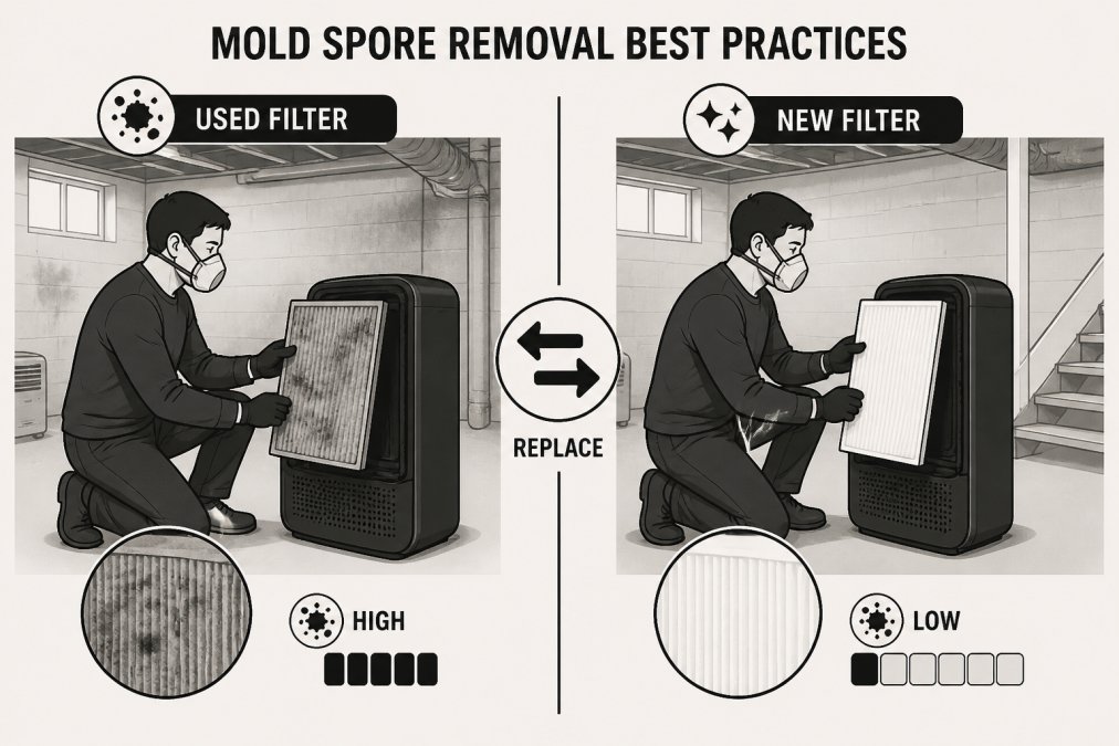 Homeowner replacing a visibly discolored HEPA filter with a clean white replacement filter, showing both filters side by side in natural basement lighting
