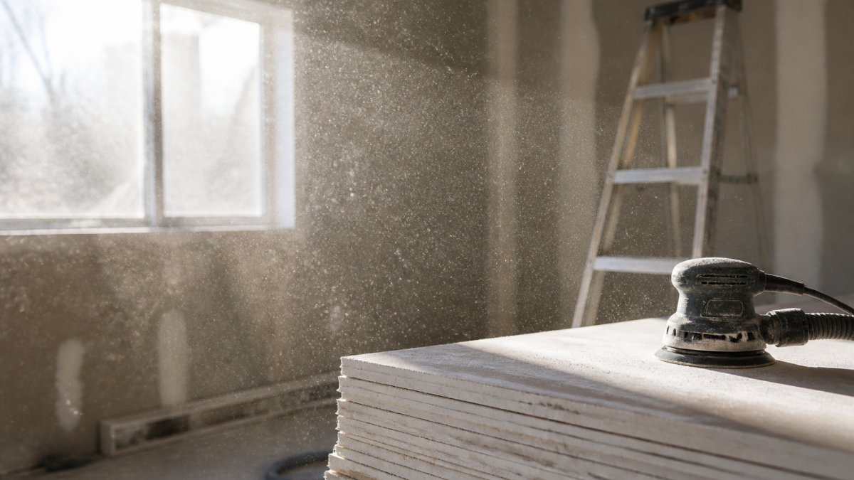 Close-up of fine white drywall dust particles suspended in bright sunlight streaming through a window, with construction tools and materials visible in the background of a home renovation workspace