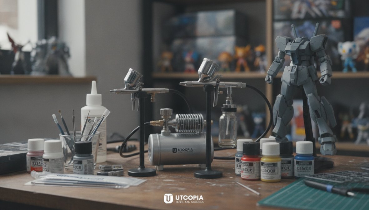Close-up of a modeler's hands holding an airbrush over a partially painted Gundam model kit on a workspace with paint bottles and cleaning supplies nearby