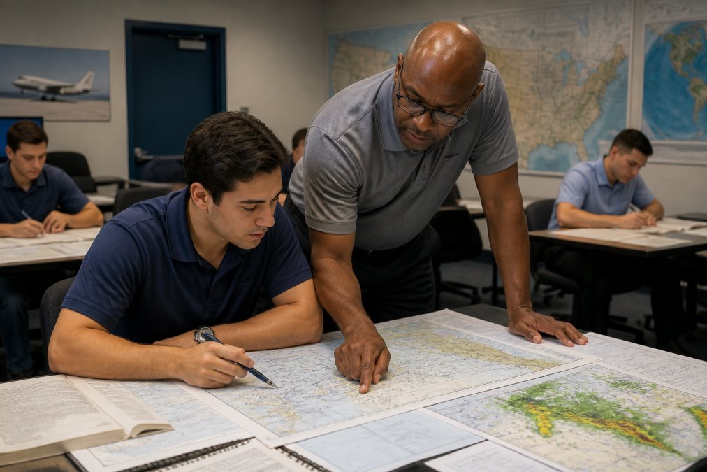 A student in a classroom setting working on a flight plan at a large desk with maps and weather charts visible, while an instructor leans over to review the routing