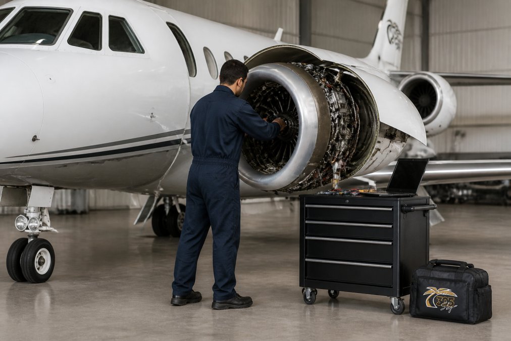 Technician performing aircraft maintenance in Fort Lauderdale on a Gulfstream jet engine inside a hangar