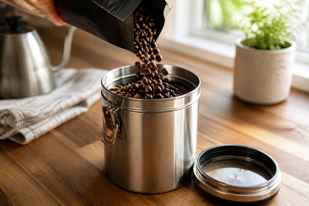 Close-up of freshly roasted coffee beans being poured into an airtight stainless steel canister on a kitchen counter with warm morning sunlight filtering through a window