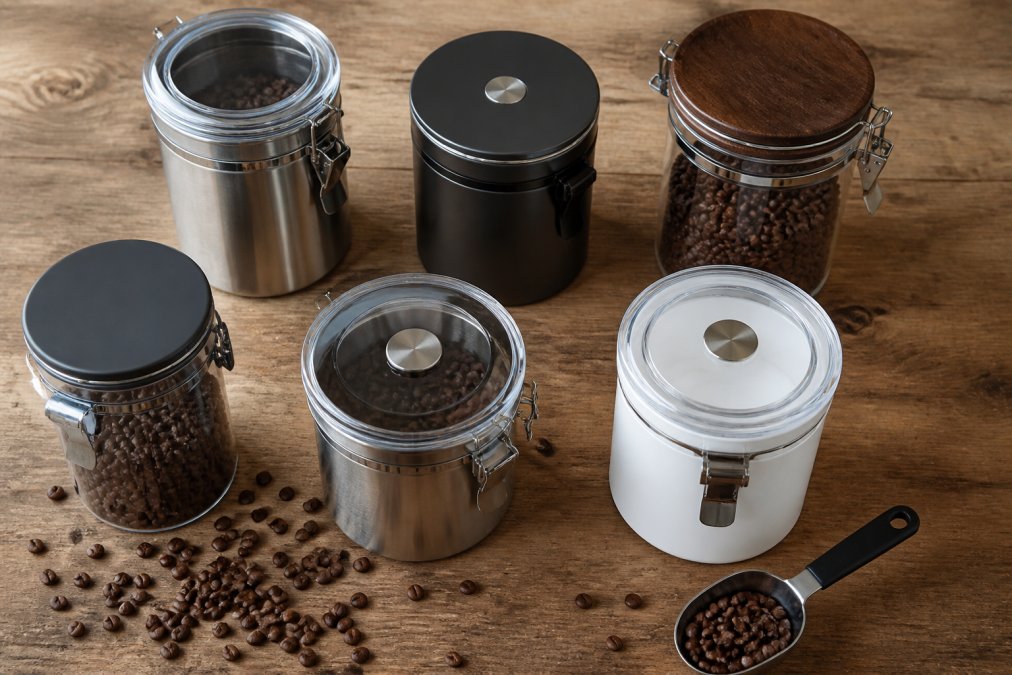 Overhead view of six different coffee canisters in varying materials and styles, stainless steel, glass, and plastic, arranged on a wooden surface with whole roasted coffee beans scattered nearby and a measuring scoop in the foreground