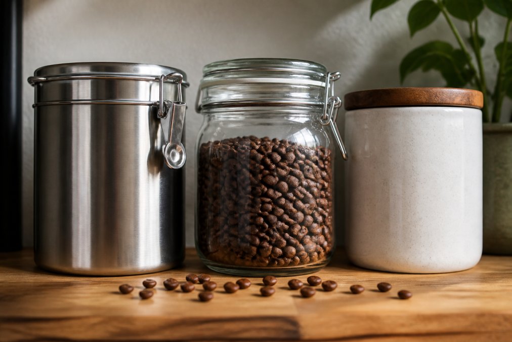 Close-up of three different coffee storage containers, brushed stainless steel, borosilicate glass with visible whole beans inside, and ceramic with a wooden lid, arranged on a light wooden shelf with scattered coffee beans in the foreground