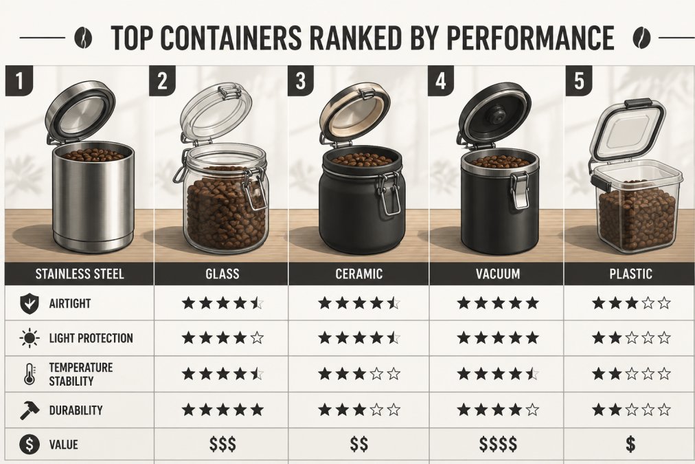 Comparison chart of the best airtight containers for coffee bean storage made of glass, steel, and ceramic