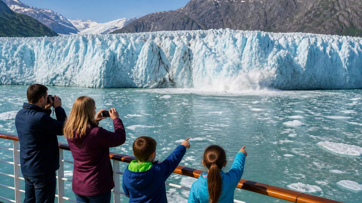 Family on the deck of an Alaskan cruise for families watching a massive glacier calving into the water.