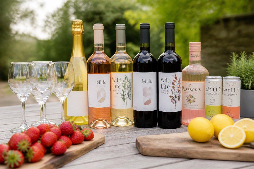 Elegant rows of alcohol-free wine bottles displayed on a wooden table with fresh strawberries, lemons, and empty wine glasses in soft natural daylight