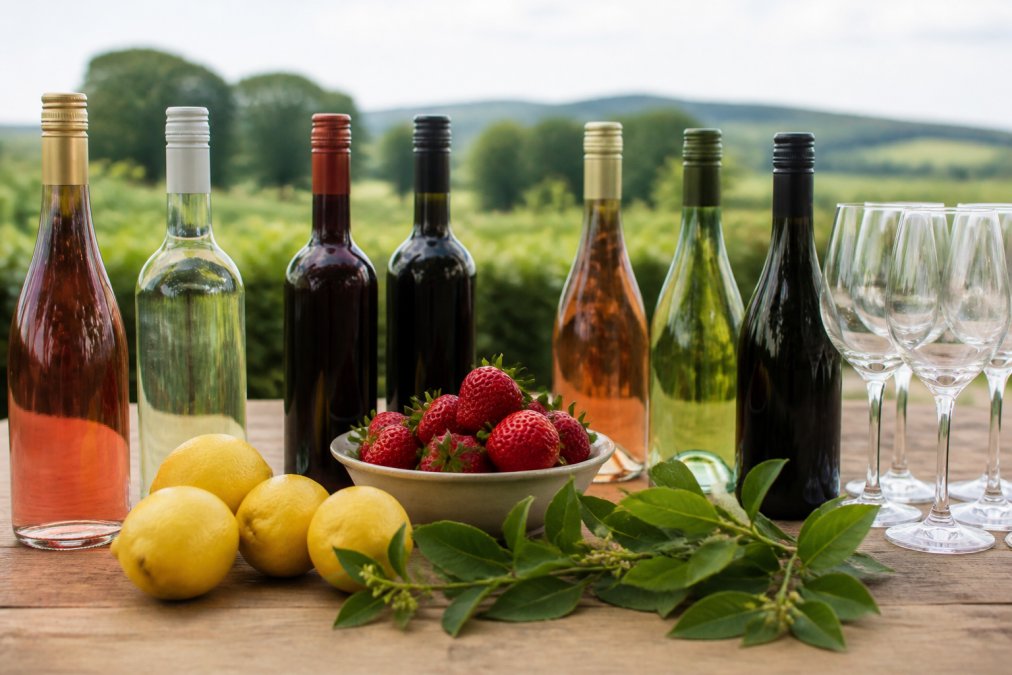 Infographic showing the best alcohol free drinks for pregnancy, featuring elegant non-alcoholic wine bottles and fruit.