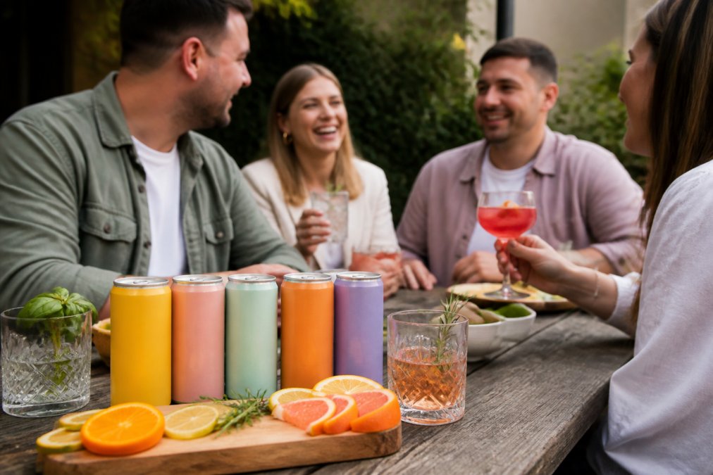 A selection of colourful canned alcohol-free cocktails arranged on a wooden table with fresh citrus garnishes and glassware, ready for a party