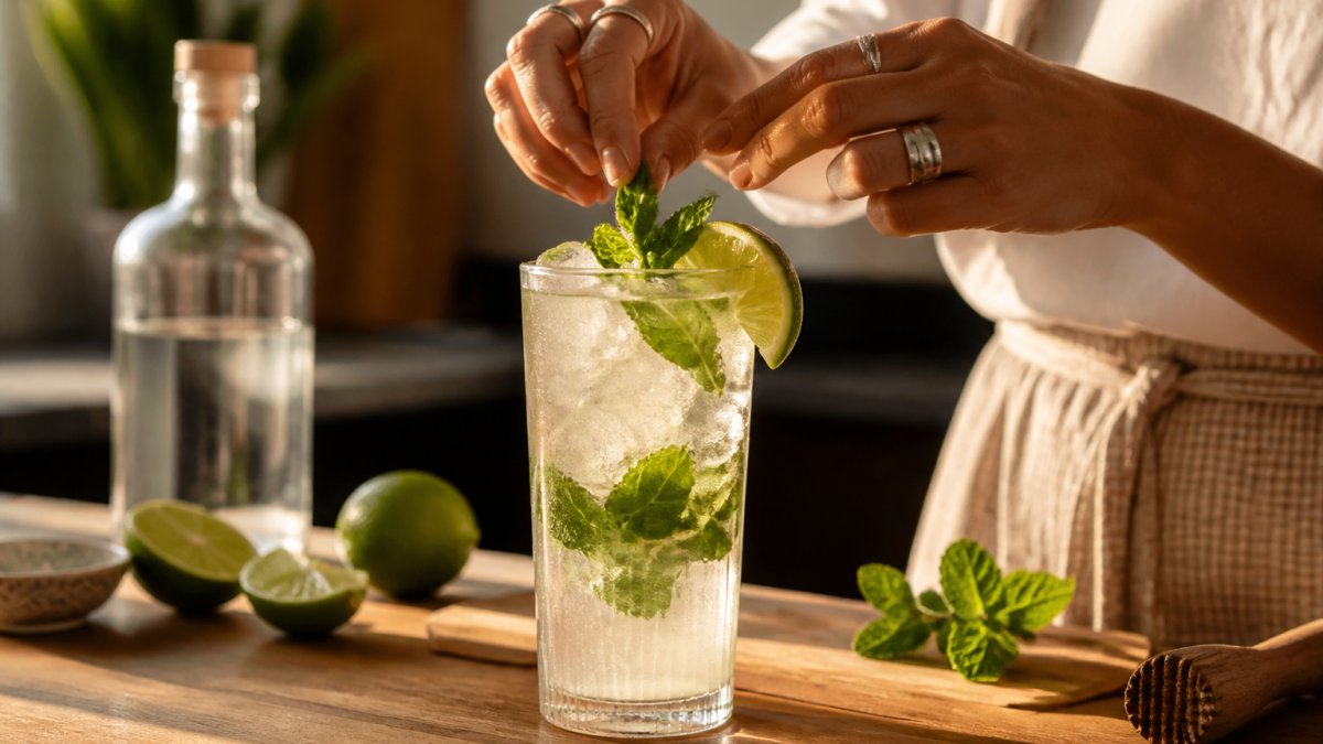 A tall glass of alcohol-free cocktail with ice, lime wedge and mint on a wooden kitchen counter, bottle of spirit blurred in the background