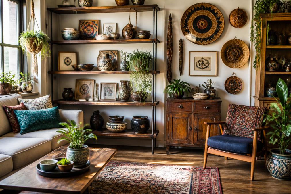 Bright, organized home interior showcasing a mix of unique decor items, handmade wall art, vintage furniture, artisan accessories, and curated home goods arranged on shelves and walls with natural sunlight streaming through windows