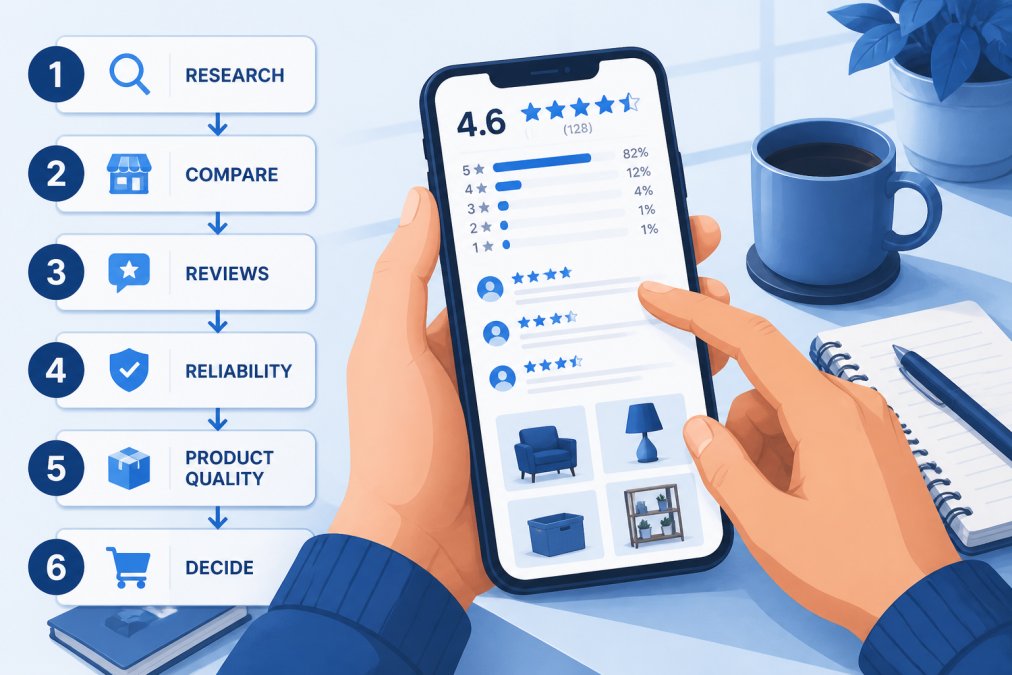 Close-up of hands holding a smartphone displaying customer reviews and product images while sitting at a desk with a notebook and coffee, showing the research process in natural afternoon light