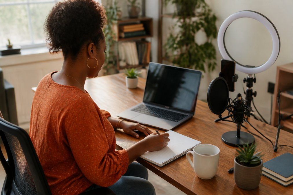 Content creator using various creator tools at a desk with a laptop, ring light, and microphone in a home studio