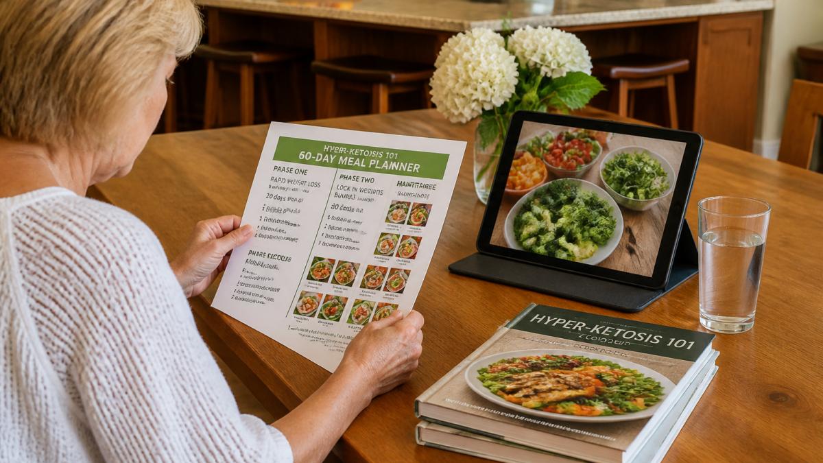 A person at a kitchen table reviewing a printed meal planner and cookbook next to a tablet showing a food tracking app, with fresh vegetables and a glass of water nearby