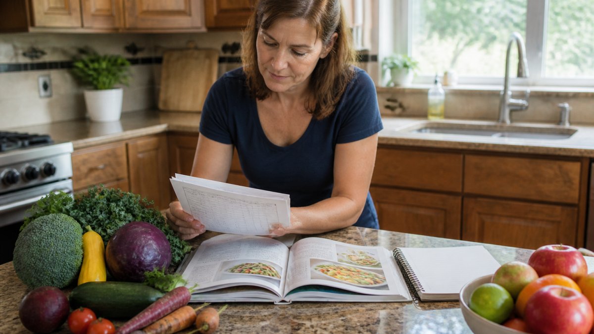 A person reviewing a printed meal plan and an open cookbook on a kitchen counter with fresh vegetables and a notebook nearby, looking focused and organized