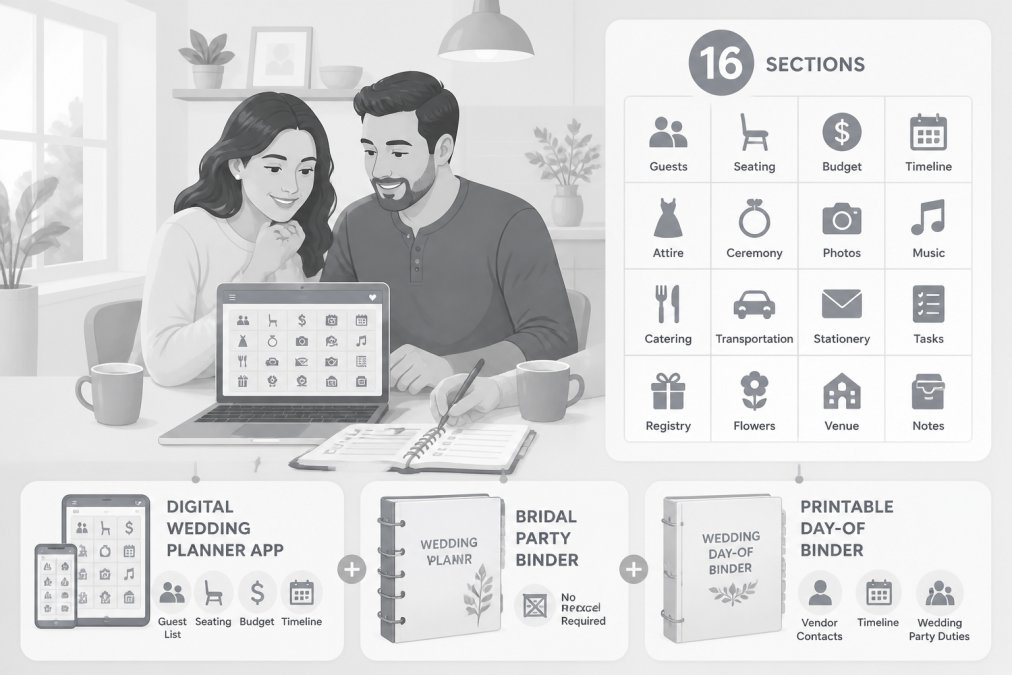 Engaged couple sitting together at a kitchen table, reviewing wedding planning documents on a laptop and taking notes in a notebook, with coffee mugs nearby and warm natural window light streaming in from the left