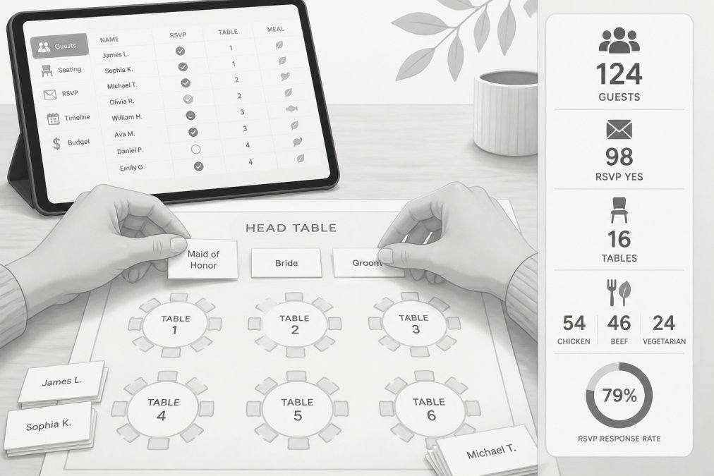 Close-up of hands arranging small white name cards on a seating chart layout spread out on a light wooden table, with a tablet displaying a digital spreadsheet visible in the soft-focus background, warm afternoon light